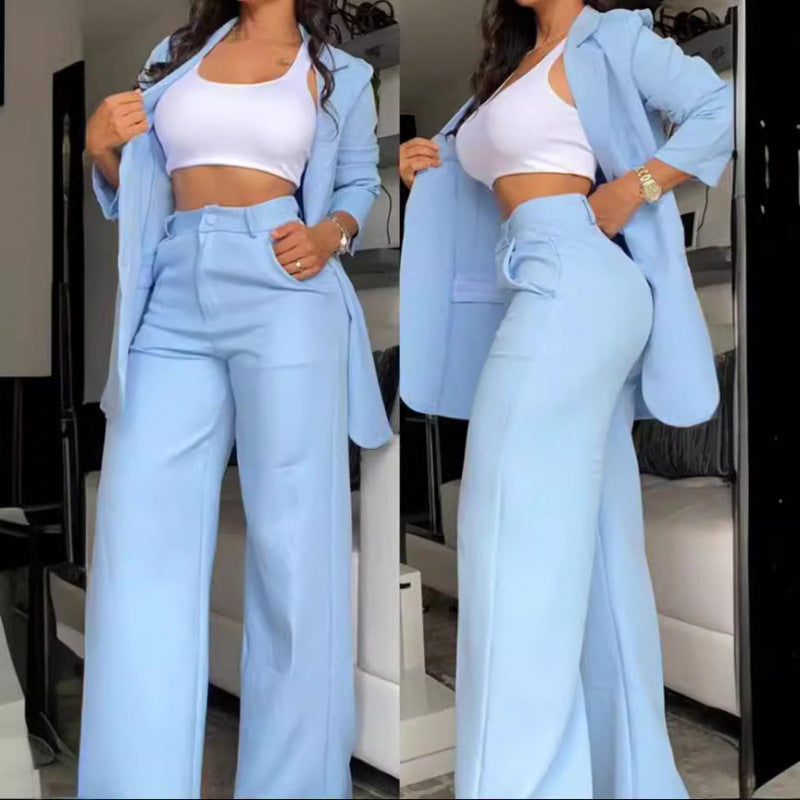 Women's Elegant Two-Piece Set with Wide-Leg Pants and Tailored Blazer