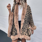 Women's Cozy Poncho with Faux Fur Trim and Leopard Print