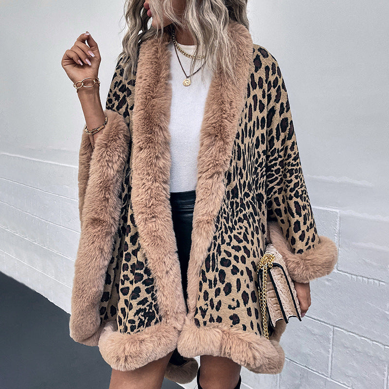 Women's Cozy Poncho with Faux Fur Trim and Leopard Print