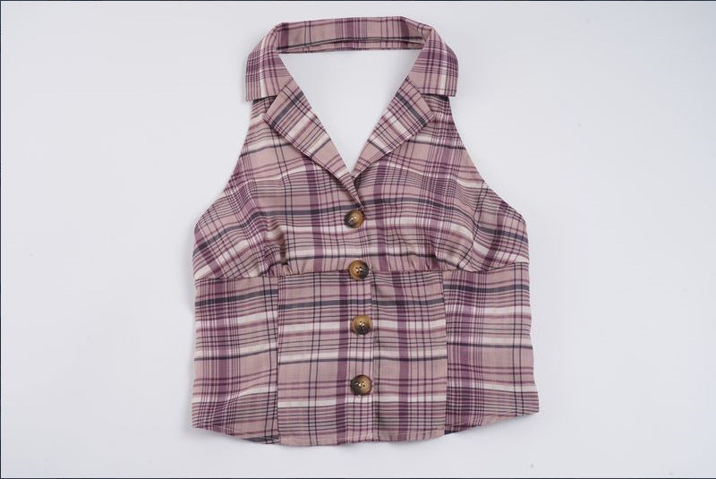 Women's Sleeveless Plaid Top with Collar and Button Details