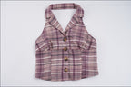 Women's Sleeveless Plaid Top with Collar and Button Details