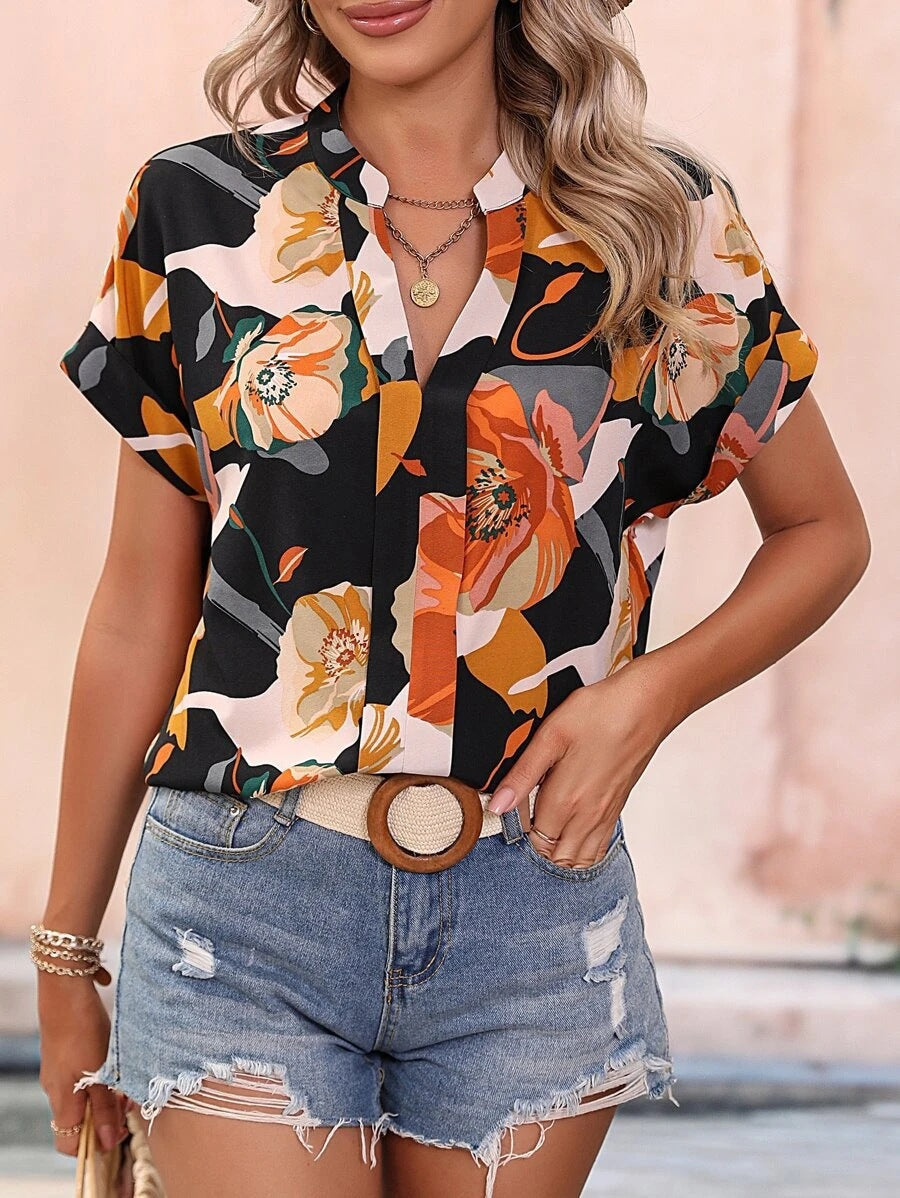 Women's Floral Blouse with Stylish Stand-Up Collar