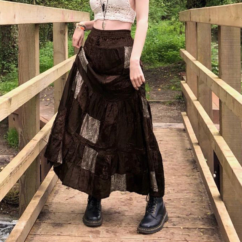 Women's Floral Patchwork Maxi Skirt with Voluminous Hem
