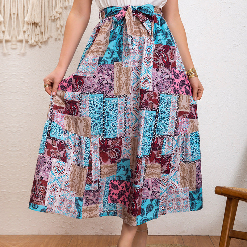 Women's Maxi Skirt with Colorful Patchwork Design and Waist Belt