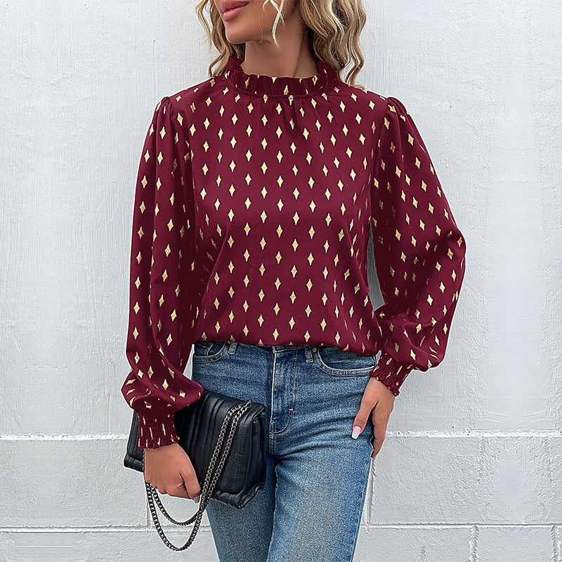 Women's Blouse with High-Quality Print and Puff Sleeves