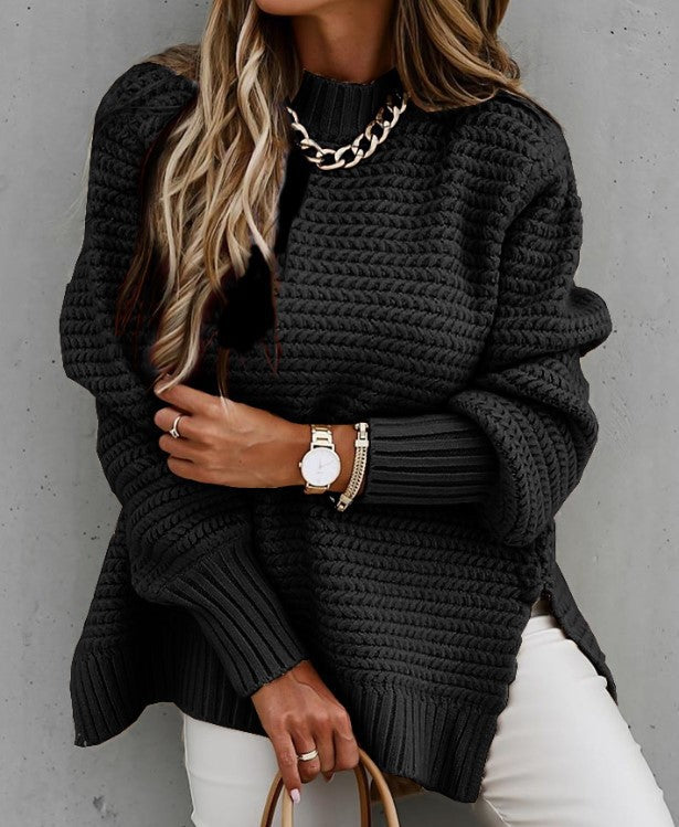 Women's Chunky Knit Sweater with Modern Structure Design and High Collar
