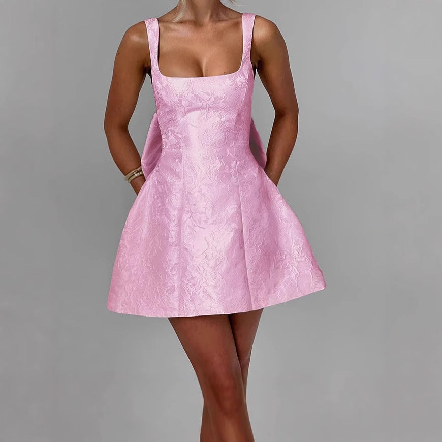 Women's A-Line Dress with Floral Jacquard Pattern and Thin Straps