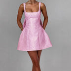 Women's A-Line Dress with Floral Jacquard Pattern and Thin Straps