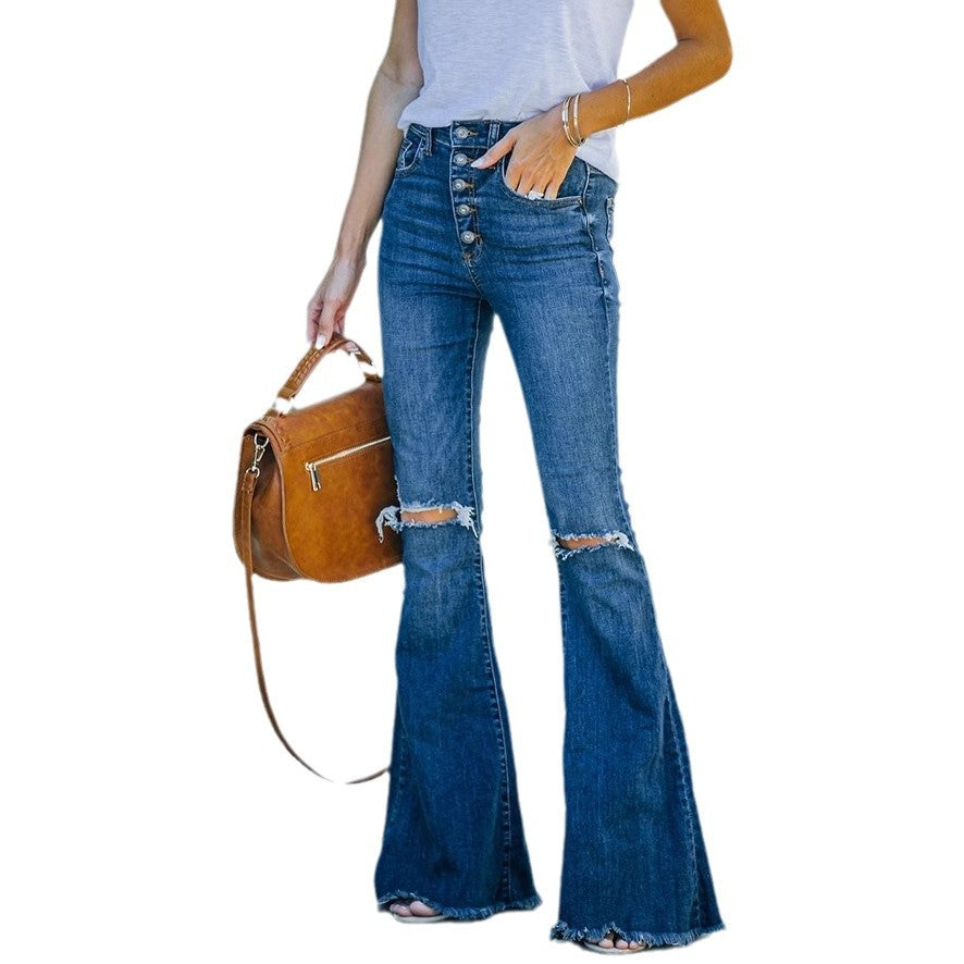 Women's Flared Jeans with Frayed Hem and High Waist