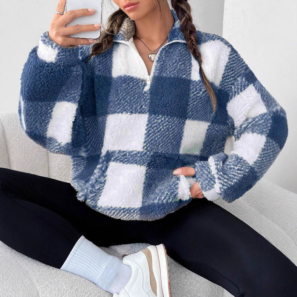 Women's Fluffy Plaid Pullover with Half-Zip