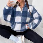 Women's Fluffy Plaid Pullover with Half-Zip