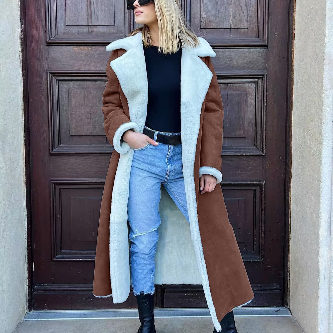 Women's Elegant Faux Fur Coat with Oversized Lapel and Comfortable Pockets