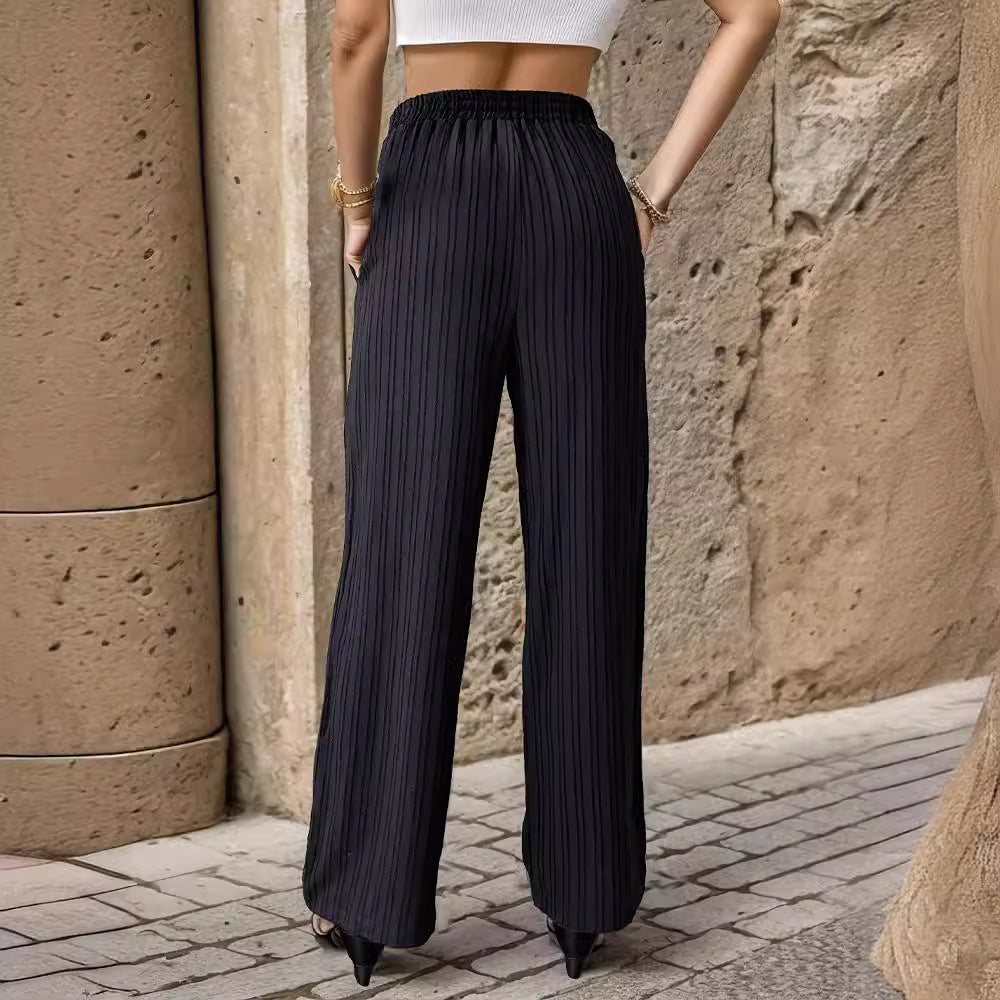Women's Elegant Casual Trousers with Striped Design and Elastic Waist