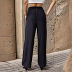 Women's Elegant Casual Trousers with Striped Design and Elastic Waist