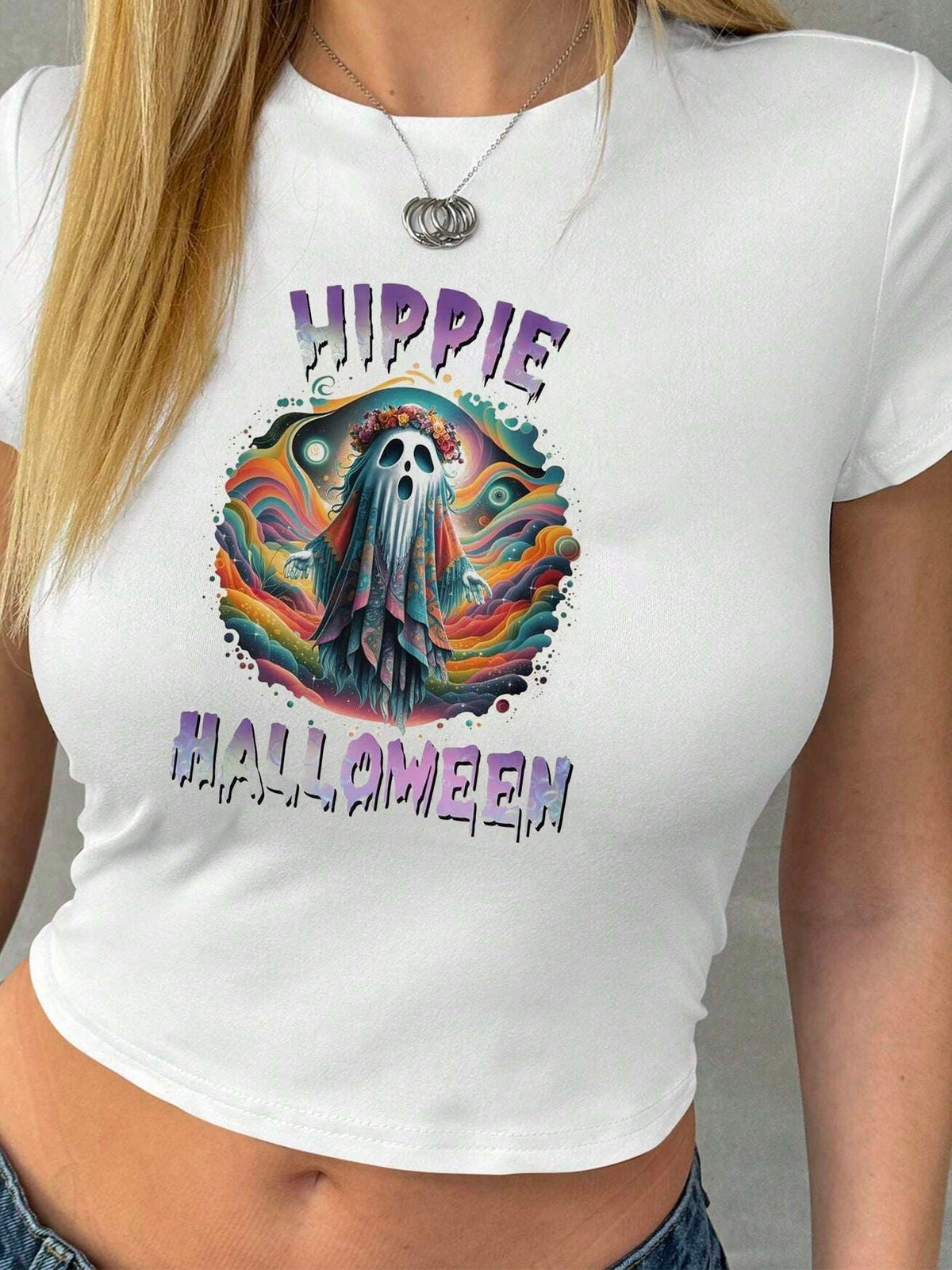 Women's Crop T-Shirt with Creative Lip Print