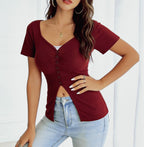 Women's Fitted Short-Sleeve Shirt with Button Placket