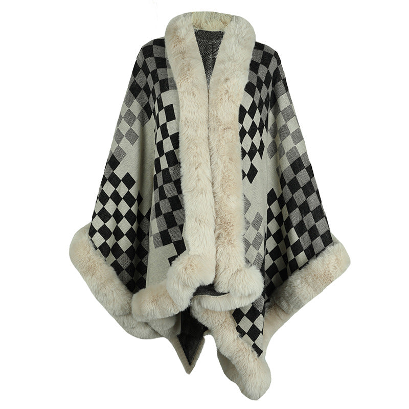 Women's Knit Poncho with Faux Fur Trim