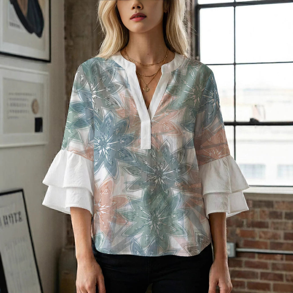 Women's Floral Top with Voluminous Ruffled Sleeves