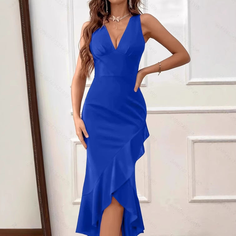 Women's Charming Maxi Dress with Asymmetrical Hem and V-Neck