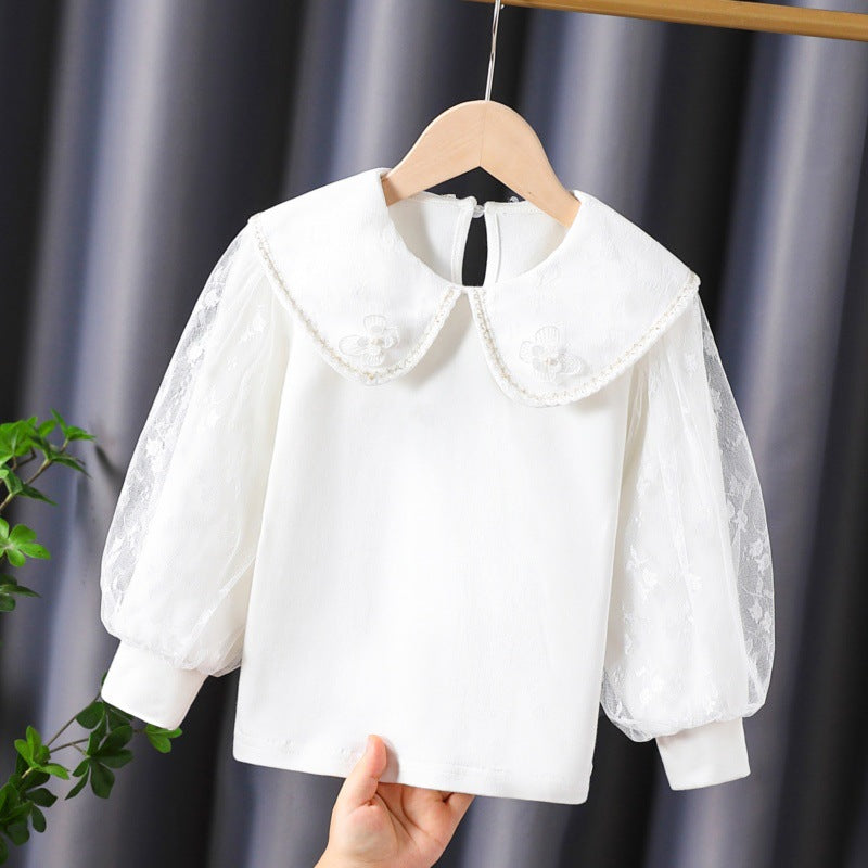 Women's Blouse with Decorative Floral Appliqués and Sheer Puff Sleeves
