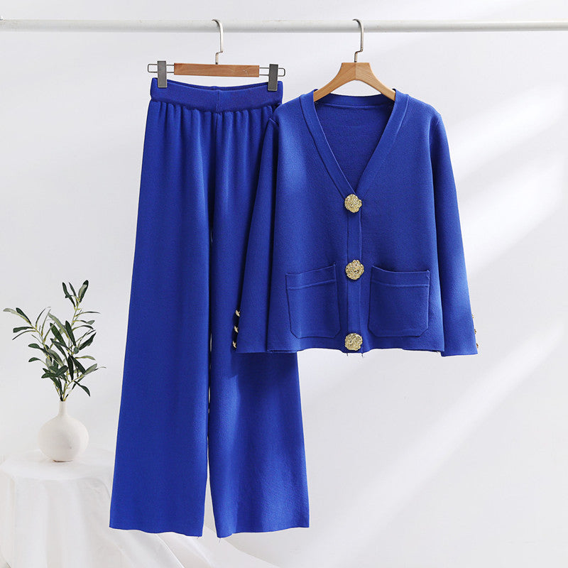 Women's Elegant Knit Loungewear Set with Wide Legs and Decorative Buttons