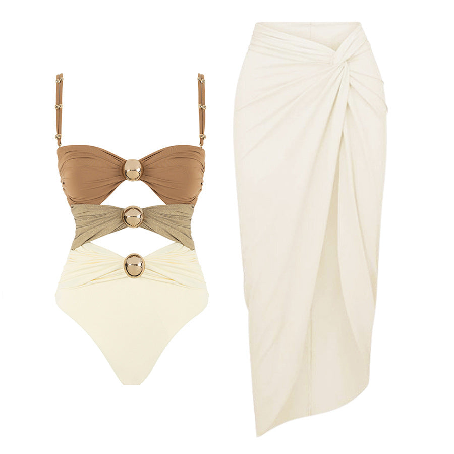 Women's Swimsuit with Draping and Gold Accents
