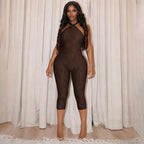 Women's Form-Fitting Halterneck Jumpsuit with Textured Detail