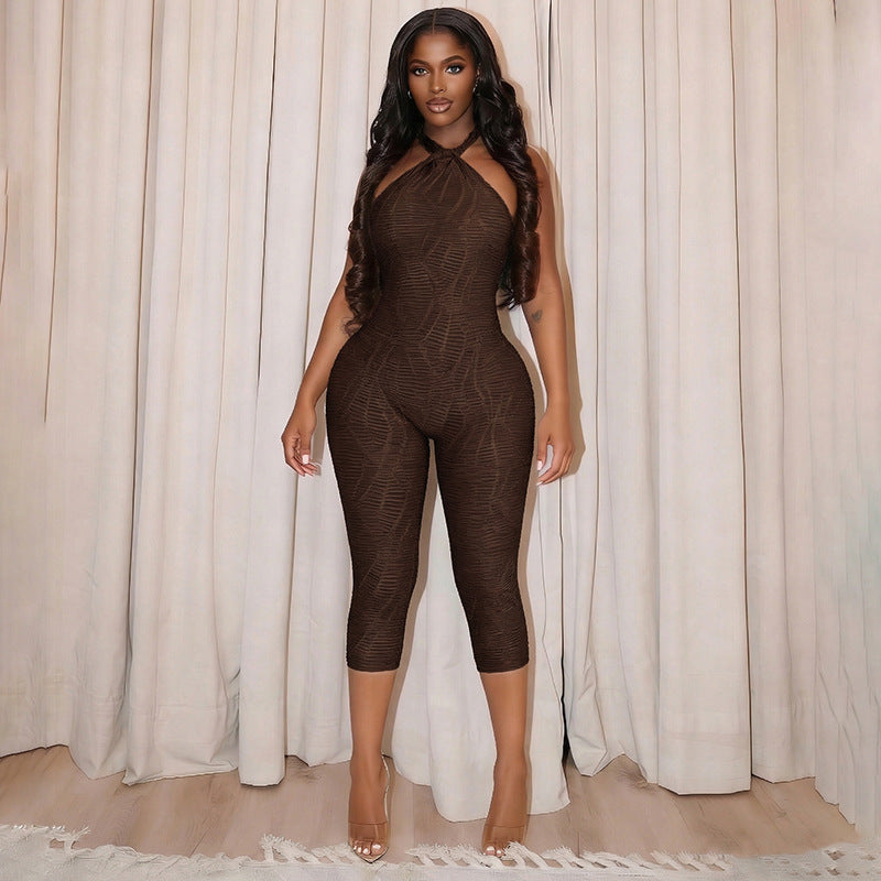 Women's Form-Fitting Halterneck Jumpsuit with Textured Detail