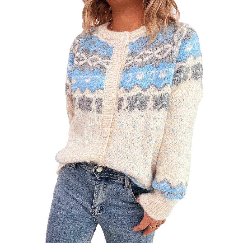 Women's Cozy Cardigan with Blue Patterns and Button Closure