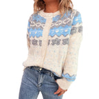 Women's Cozy Cardigan with Blue Patterns and Button Closure