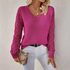 Elegant V-Neck Knit Sweater with Crocheted Sleeves