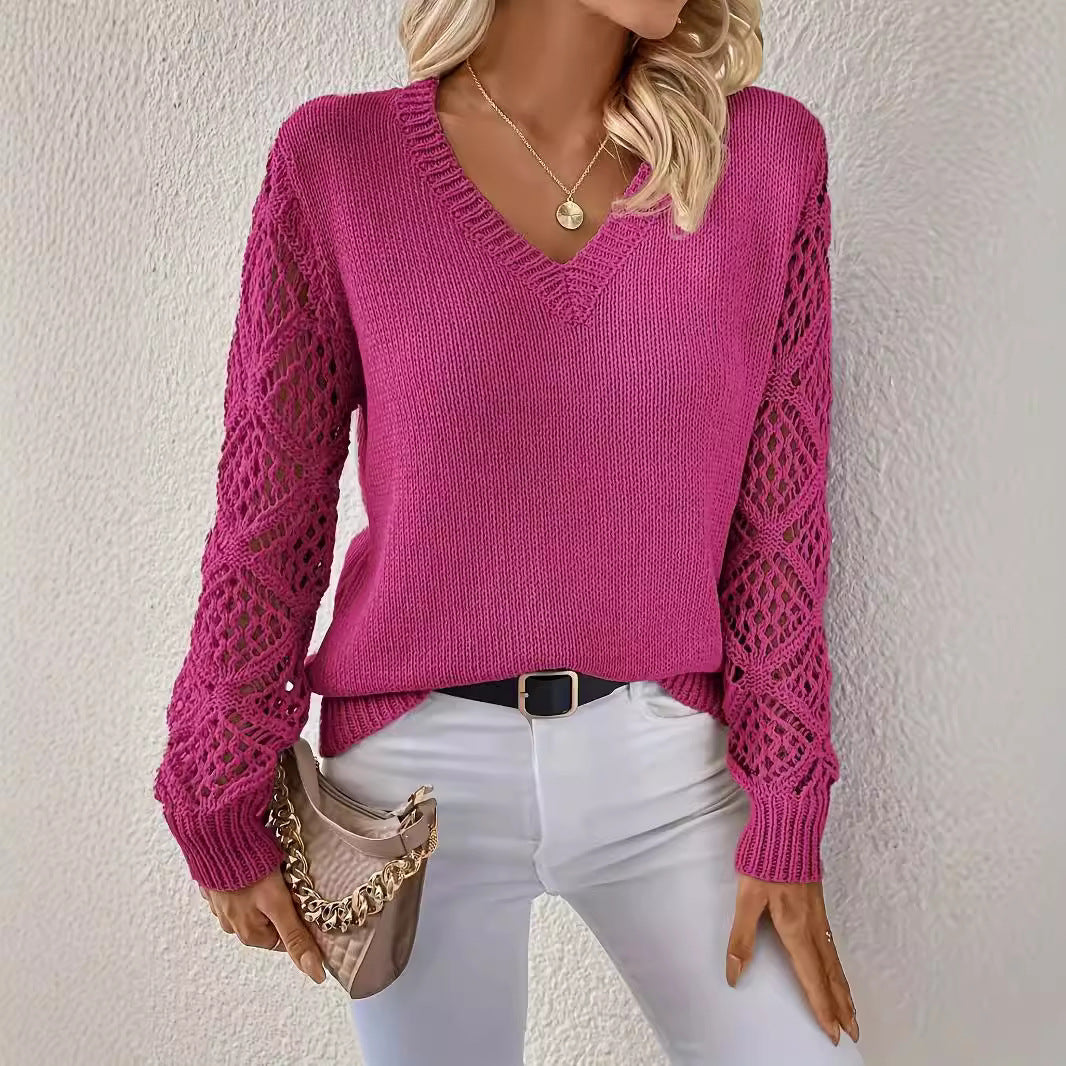 Elegant V-Neck Knit Sweater with Crocheted Sleeves