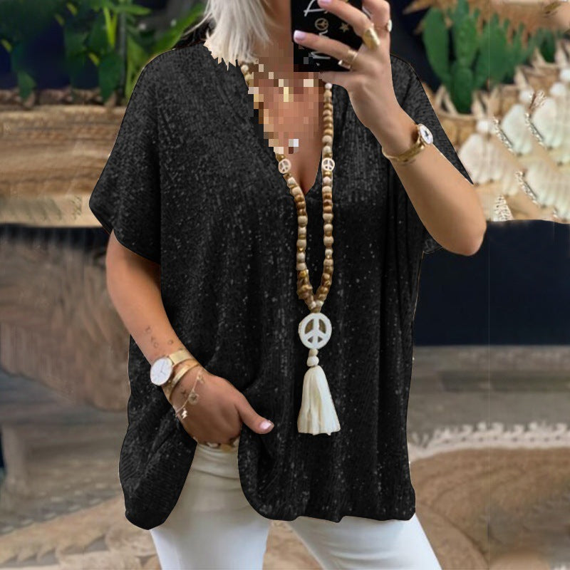 Women's Glamorous Sequin Tunic Shirt with V-Neck