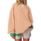 Women's Comfortable Striped Sweater with Raglan Sleeves and Elastic Cuffs