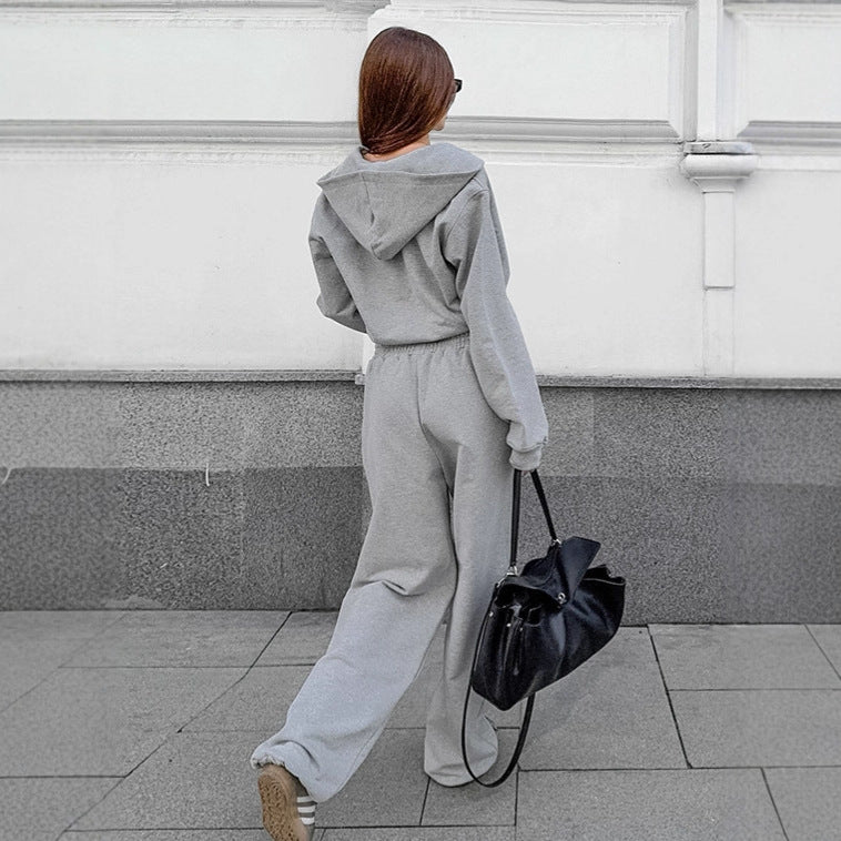 Women's Comfortable Sportswear Set with Hooded Jacket and Wide Pants