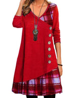 Women's Asymmetrical Casual Dress with Plaid Hem and Button Detail