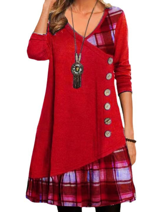 Women's Asymmetrical Casual Dress with Plaid Hem and Button Detail