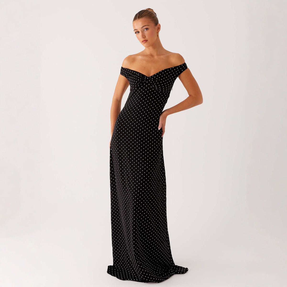 Off-Shoulder Evening Dress with Polka Dot Pattern