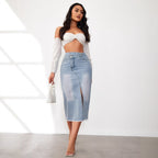 Women's Denim Midi Skirt with High Slit and Frayed Hem