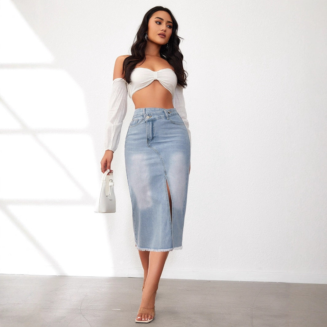 Women's Denim Midi Skirt with High Slit and Frayed Hem