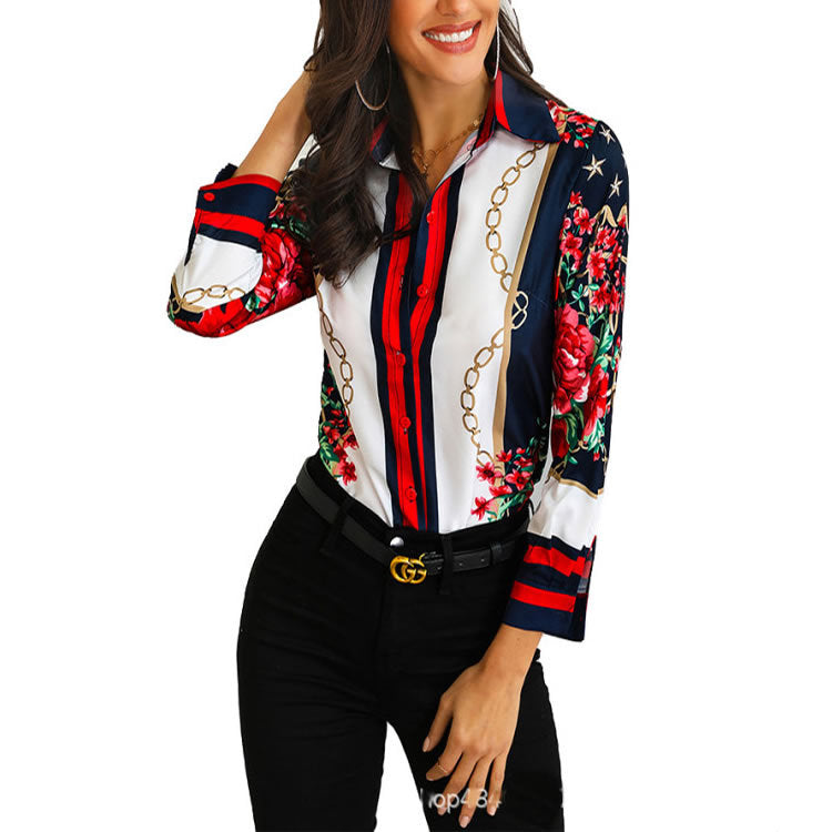 Elegant Women's Long-Sleeve Blouse with Floral Print and Chain Motif