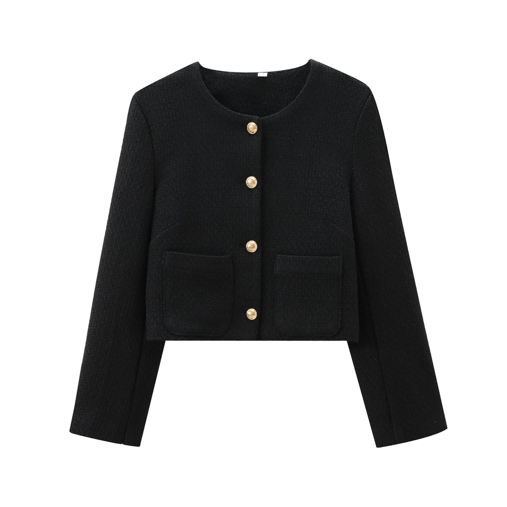 Women's Elegant Tweed-Style Short Jacket with Pockets