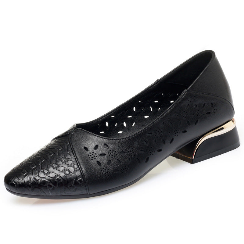 Women's Ballet Flats with Decorative Cut-Out Design and Block Heel