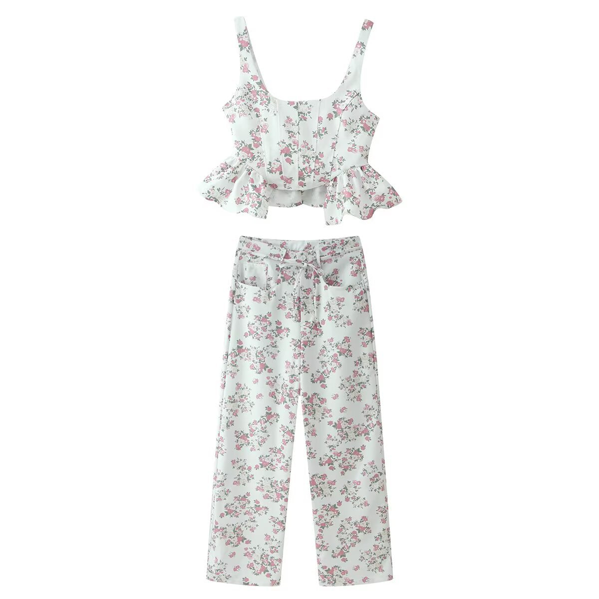 Women's Top and Pants Set with Floral Design
