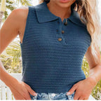 Women's Sleeveless Polo Top with Textured Knit Design