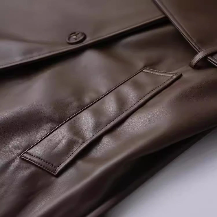 Women's Faux Leather Trench Coat with Fashionable Cut and Pockets