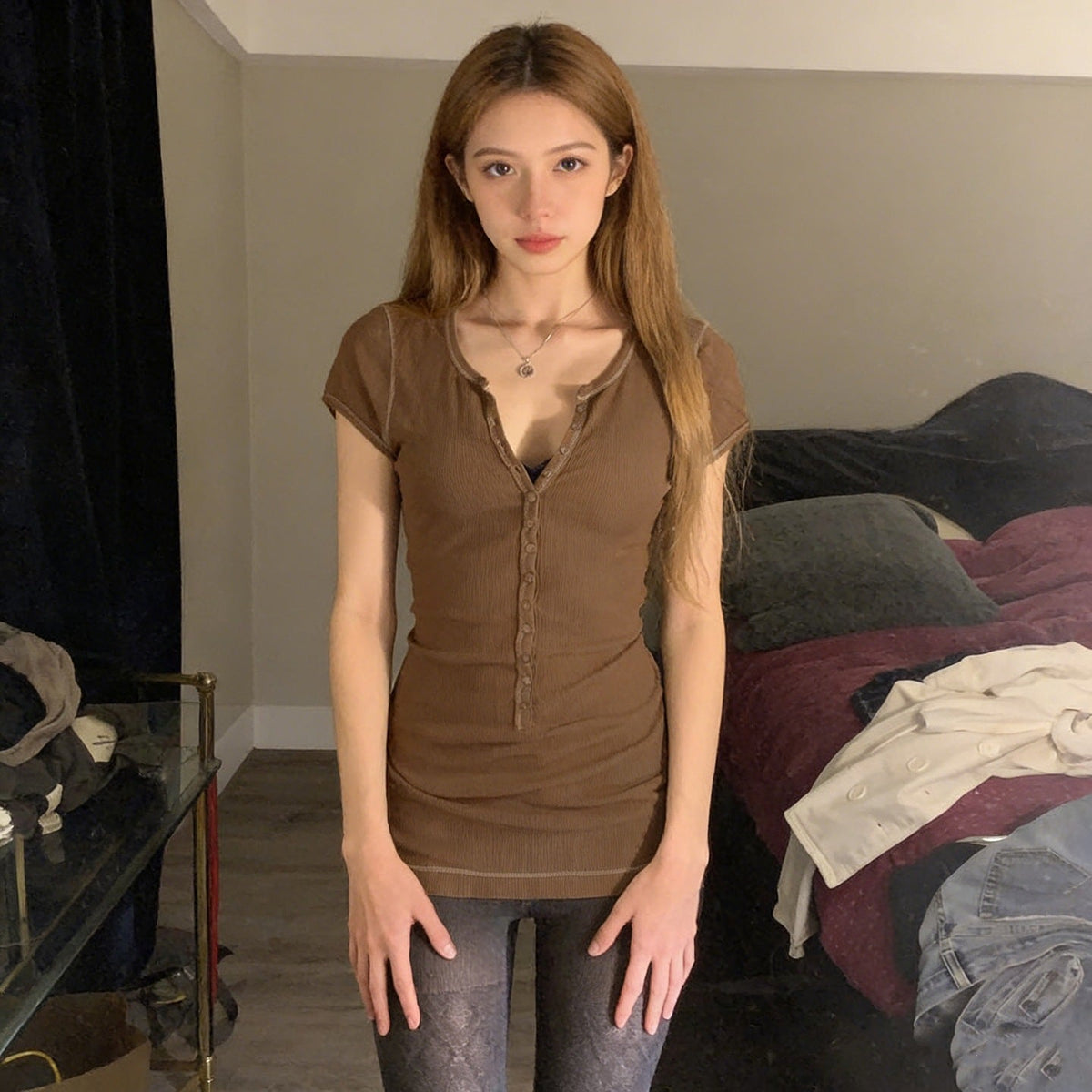 Women's Form-Fitting Short Sleeve Shirt with Button Placket and Ribbed Texture