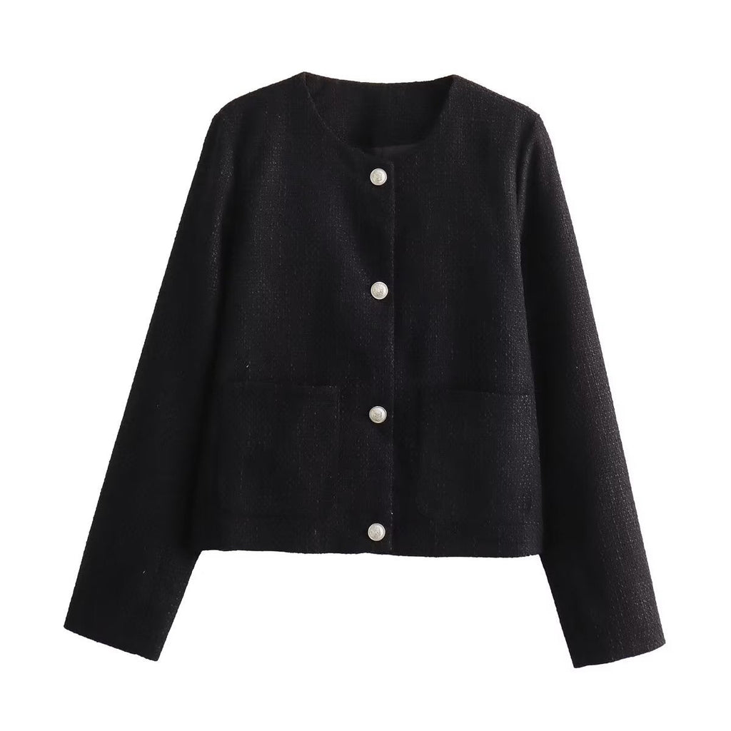 Elegant Women's Short Jacket with Decorative Button Details and Practical Pockets
