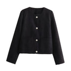 Elegant Women's Short Jacket with Decorative Button Details and Practical Pockets