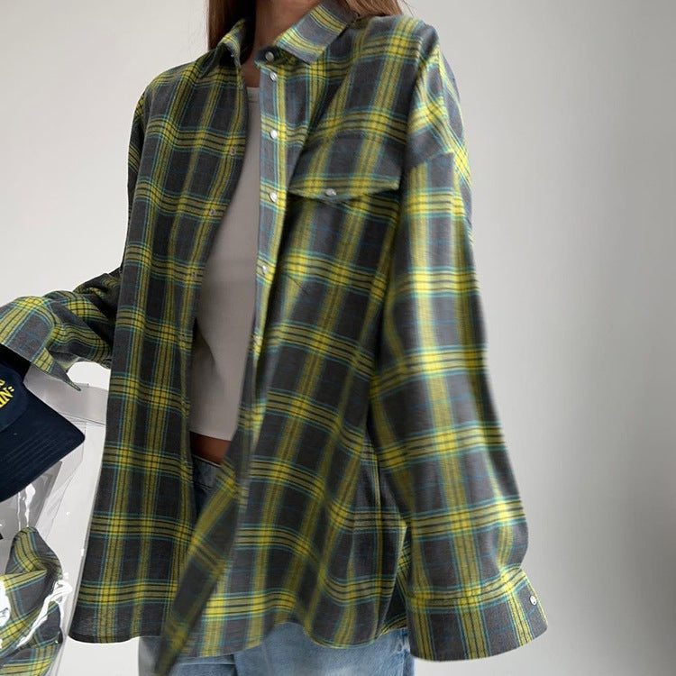 Women's Cozy Plaid Shirt with High Collar and Button Closure